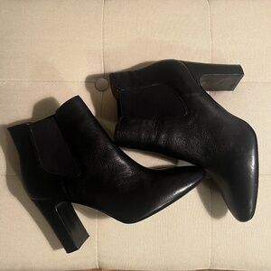 Stylist Black Leather Ankle Boots, Block Heel, Size 10